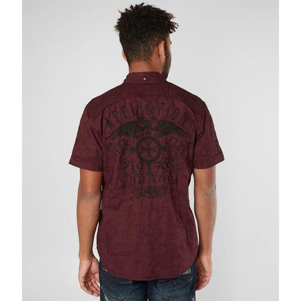 Affliction Short Sleeve Shirt Live Fast Embroidered Mens Size 2XL Burgundy Camo